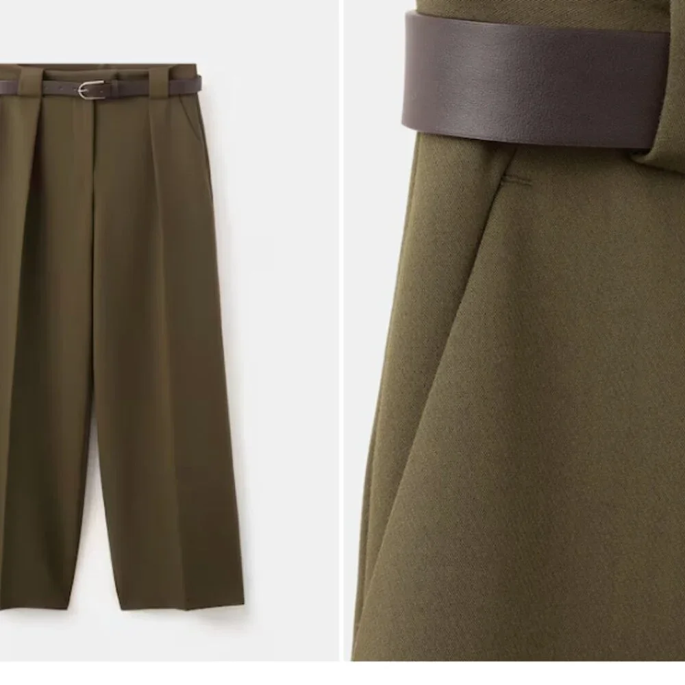 Mango Green Belt Straight Fit Pants - Picture 2 of 4